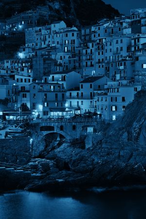 Manarola overlook Mediterranean Sea with buildings over cliff in Cinque Terre at night, Italy.の写真素材