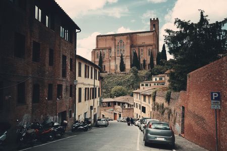 Street view with old buildings in Siena, Italy.の写真素材