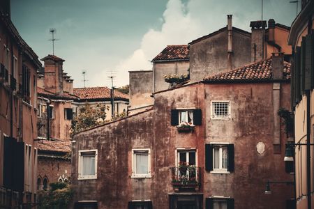 A closeup view of historical buildings in Venice, Italy.