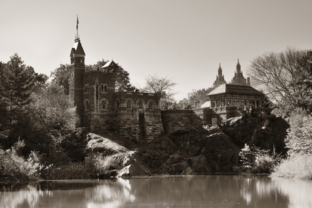 Belvedere Castle and Autumn foliage with lake in Central Park, midtown Manhattan New York Cityのeditorial素材