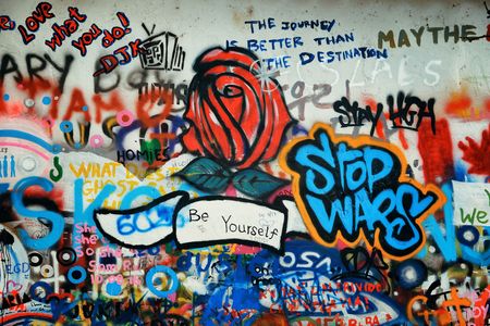 PRAGUE â OCT 8: Street view with Graffiti on October 8, 2016 in Prague, Czech Republic. Prague is the capital and largest city in Czech Republic with rich culture and history.のeditorial素材
