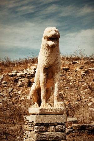 Terrace of the Lions in Historical Ruins in Delos Island near Mikonos, Greece.