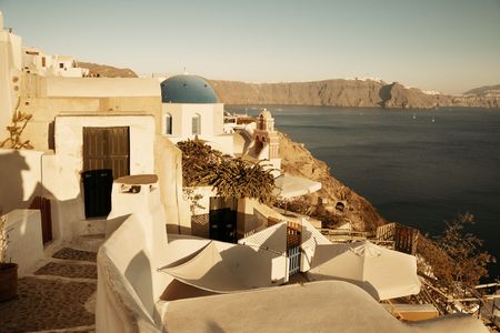 Santorini skyline with buildings in Greece.の写真素材