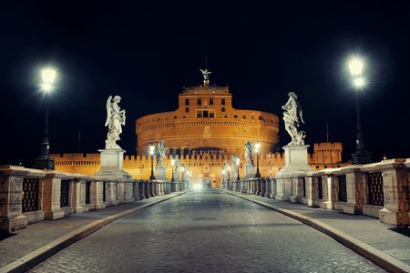 Castel Sant Angelo in Italy Rome at night and angel statue on bridgeのeditorial素材