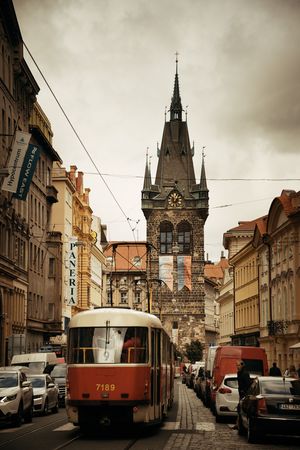 PRAGUE â€“ OCT 8: Street view with tram on October 8, 2016 in Prague, Czech Republic. Prague is...