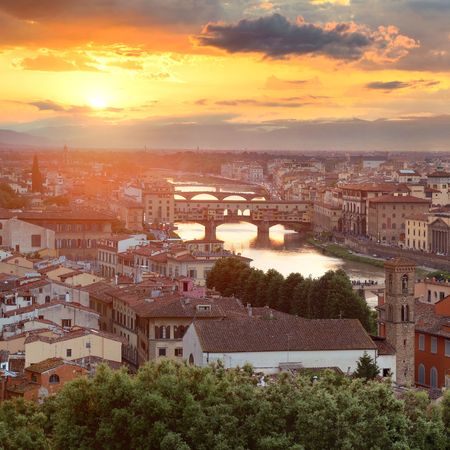 Florence skyline view at sunset in Italyの写真素材