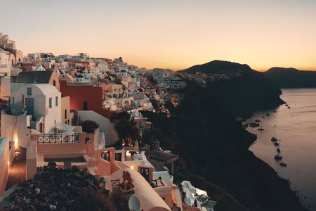 Santorini skyline sunrise with buildings in Greece.の写真素材