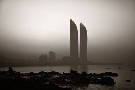 XIAMEN, CHINA â FEB 16: Shimao Twin Tower silhouette at sunrise on February 26, 2018 in Xiamen.のeditorial素材