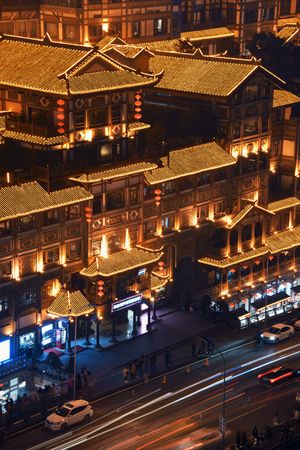CHONGQING, CHINA - MARCH 13: Hongyadong shopping complex at night on March 13, 2018 in Chongqing. With 17M population, it is the most populous Chinese municipality.のeditorial素材
