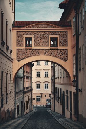 Street view with historical buildings in Prague Czech Republicの写真素材