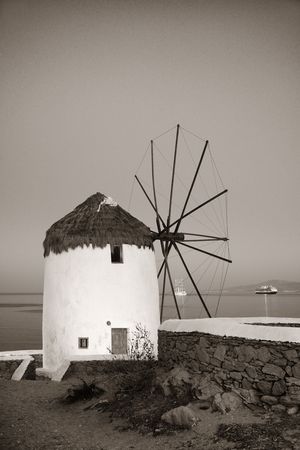 Windmill as the famous landmark in Mykonos Island, Greece.の写真素材