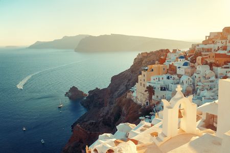 Santorini skyline with buildings in Greece.の写真素材