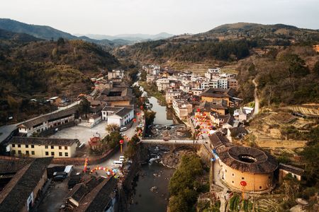 Aerial view of Tulou, the unique dwellings of Hakka in Fujian, China.の写真素材