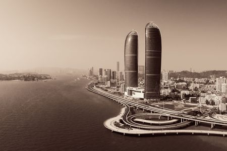 XIAMEN, CHINA â€“ FEB 16: Aerial view of Shimao Twin Tower and city skyline on February 26,...
