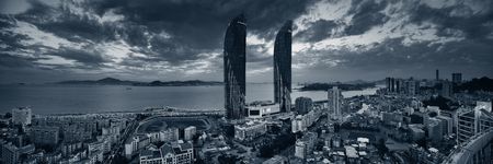 Aerial view of Shimao Twin Tower and city skyline in Xiamen.