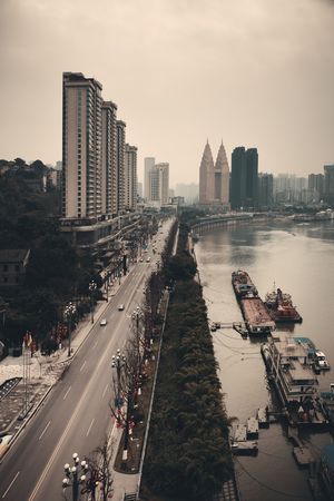 Aerial view of urban buildings and city skyline in Chongqingの写真素材