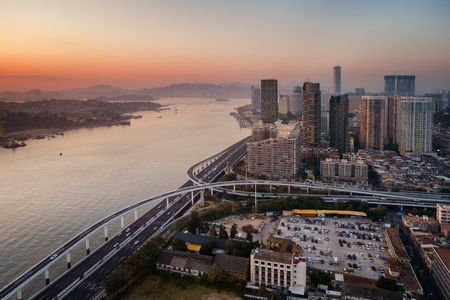 Xiamen city architecture viewed from air in Fujian, China.の写真素材
