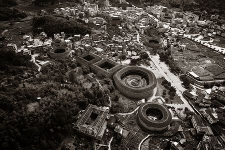 Aerial view of Tulou, the unique dwellings of Hakka in Fujian, China.の写真素材