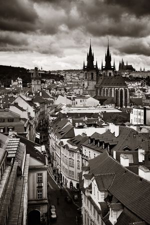 Church of Our Lady before TÃ½n and Prague skyline rooftop view in in Czech Republicの写真素材