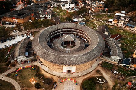 FUJIAN, CHINA â€“ MARCH 2, 2018: Aerial view of Tulou. Tulou is the unique traditional rural...
