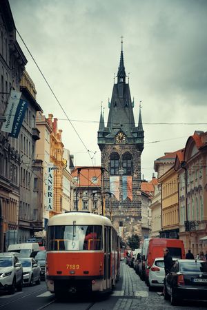 PRAGUE â€“ OCT 8: Street view with tram on October 8, 2016 in Prague, Czech Republic. Prague is...