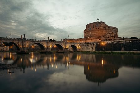Castel Sant Angelo in Italy Rome at night over Tiber River with reflectionのeditorial素材