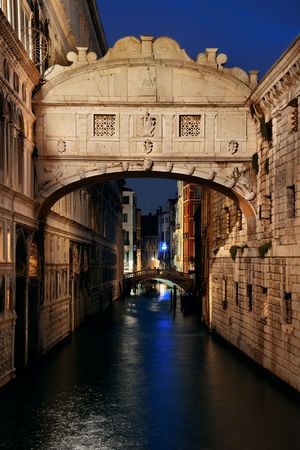 Bridge of Sighs at night as the famous landmark in Venice Italy.の写真素材