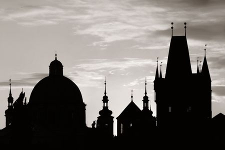 Silhouette of historical buildings in Prague Czech Republic at sunriseの写真素材