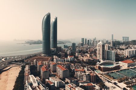 XIAMEN, CHINA â FEB 16: Aerial view of Shimao Twin Tower and city skyline on February 26, 2018 in Xiamen. Xiamen was ranked as China's 2nd-"most suitable city for living"のeditorial素材
