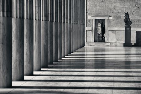 ATHENS - SEP 26: Pedestrian at exhibition hall on September 26, 2016 in Athens, Greece. Stoa of Attalos is a covered walkway in the Agora and the famous city landmark.のeditorial素材