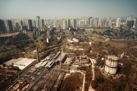 XIAMEN, CHINA â€“ FEB 16: Shimao Twin Tower rooftop view at sunset on February 26, 2018 in...