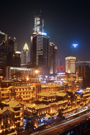 CHONGQING, CHINA â MARCH 13: Hongyadong shopping complex at night on March 13, 2018 in Chongqing. With 17M population, it is the most populous Chinese municipality.のeditorial素材
