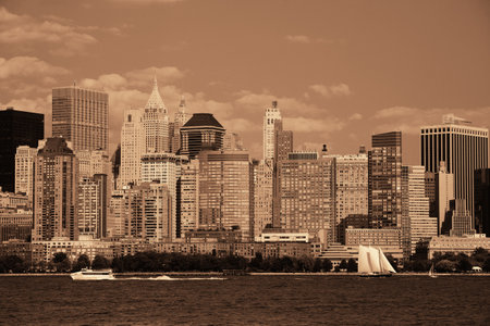 Manhattan downtown skyline with urban skyscrapers over Hudson River.の写真素材