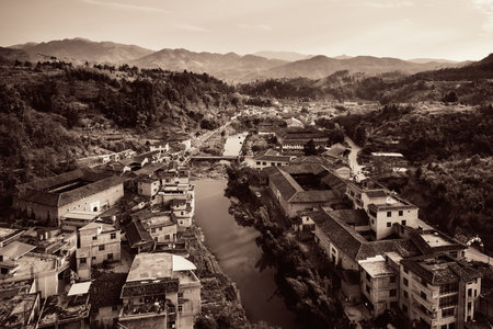 Aerial view of Tulou, the unique dwellings of Hakka in Fujian, China.の写真素材
