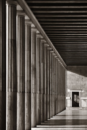 Columns in Stoa of Attalos exhibition hall in Athens, Greece.の写真素材