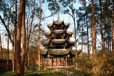Traditional Chinese pavilion in woods in Dazu Chongqing Chinaの写真素材
