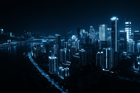 Aerial view of urban buildings and city skyline at night in Chongqingの写真素材