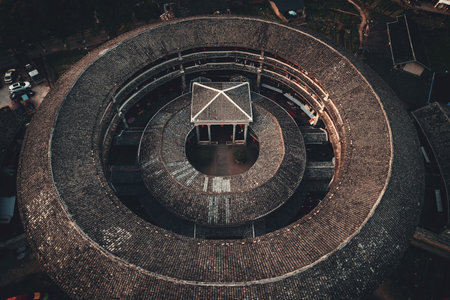 Aerial closeup view of Tulou, the unique dwellings of Hakka in Fujian, China.の写真素材