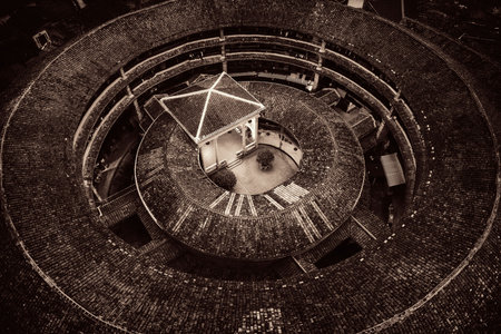 Aerial closeup view of Tulou, the unique dwellings of Hakka in Fujian, China.の写真素材