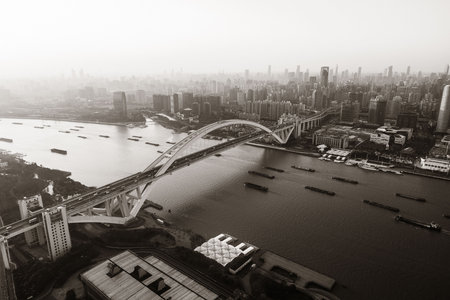 Shanghai Lupu Bridge aerial view over Huangpu River at sunset in Chinaの写真素材