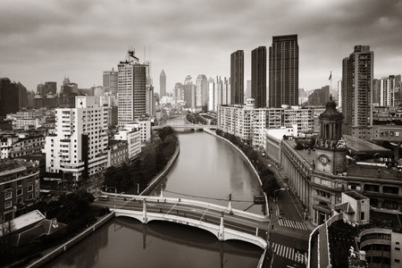 Shanghai aerial view from above with Suzhou Creek city skyline and skyscrapers in China.の写真素材