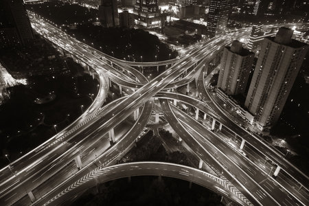 Shanghai Yanan Road overpass bridge at night with heavy traffic in China.の写真素材