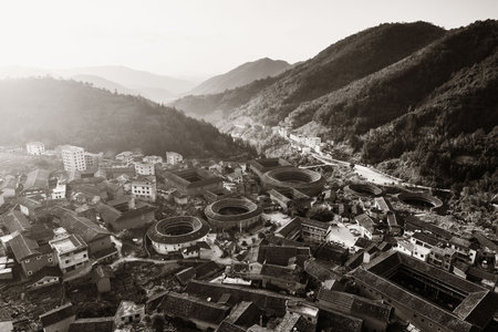 Aerial view of Tulou, the unique dwellings of Hakka in Fujian, China.の写真素材