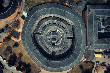 Aerial closeup view of Tulou, the unique dwellings of Hakka in Fujian, China.の写真素材