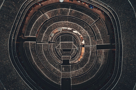 Aerial closeup view of Tulou, the unique dwellings of Hakka in Fujian, China.の写真素材