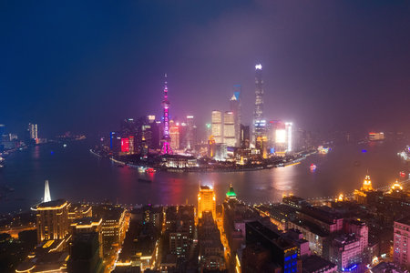 Shanghai aerial night view from above with city skyline and skyscrapers in China.の写真素材