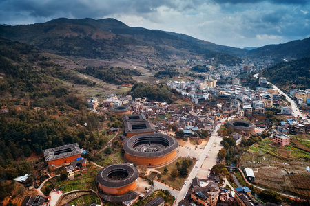 Aerial view of Tulou, the unique dwellings of Hakka in Fujian, China.の写真素材