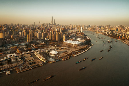 Shanghai aerial view from above with city skyline and skyscrapers in China.の写真素材