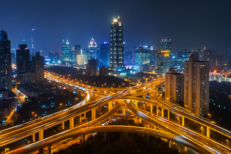 Shanghai Yanan Road overpass bridge at night with heavy traffic in China.