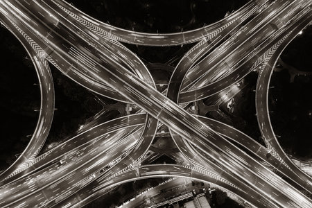 Shanghai Yanan Road overpass bridge at night with heavy traffic in China.の写真素材